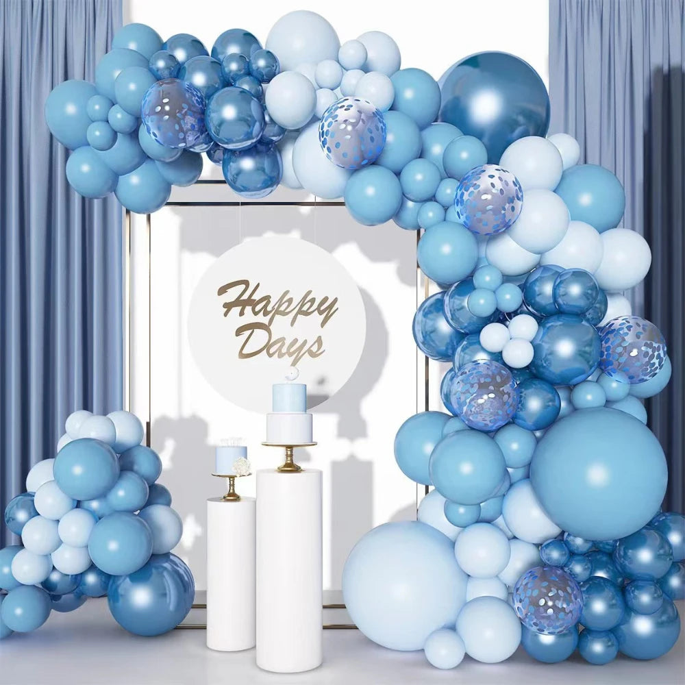 A blue latex balloon garland featuring various shades of light and dark blue balloons arranged in an archway.