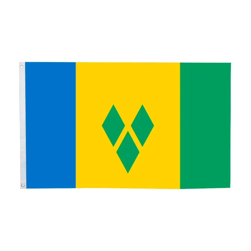 A vertical flag design with blue and yellow stripes and a green field featuring a diamond shape.