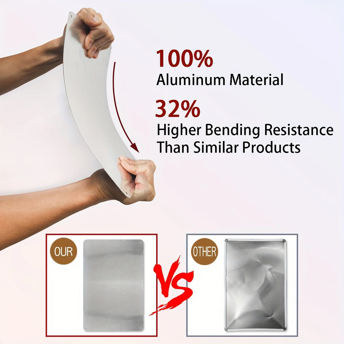 A hand holds a curved aluminum metal sign, demonstrating its higher bending resistance compared to similar products.