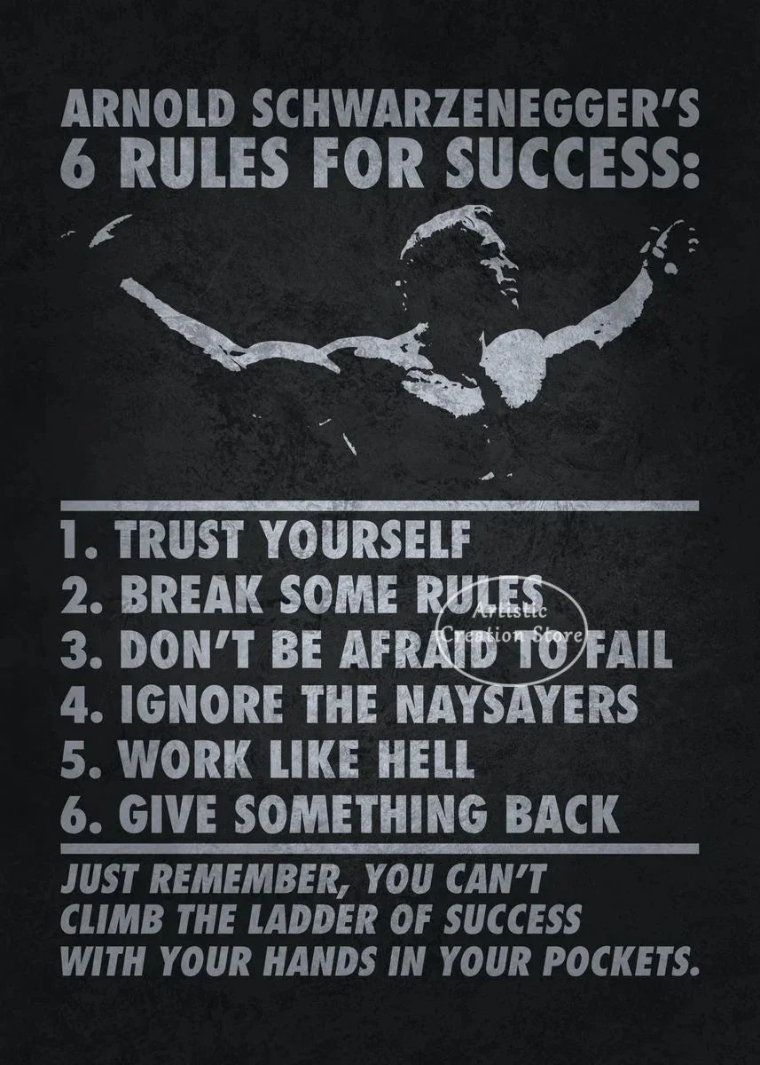 A black and white motivational canvas print featuring Arnold Schwarzenegger's 6 rules for success.
