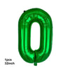 A single, shiny, metallic green latex balloon shaped like the number zero.