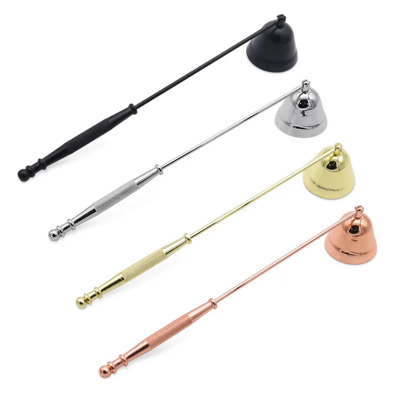 A set of three stainless steel candle extinguisher tools with long rods and spherical heads.
