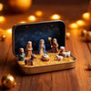 A tin containing a nativity scene figurine set featuring figures like Mary, Joseph, and animals on straw.