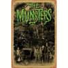 A dark metal tin sign featuring a green monster logo and a spooky haunted house scene with figures in the foreground.