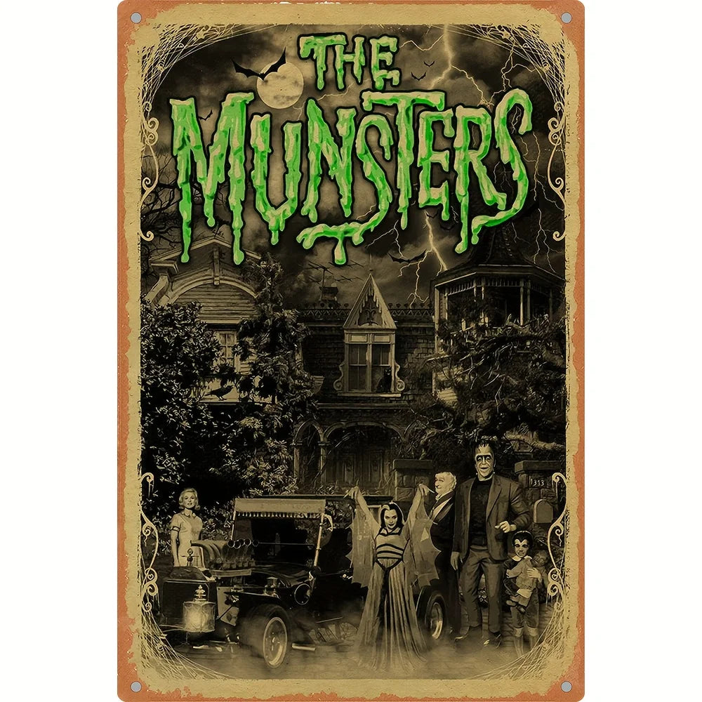 A dark metal tin sign featuring a green monster logo and a spooky haunted house scene with figures in the foreground.