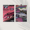 A poster featuring a Toyota Supra Turbo with text promoting the car and racing culture.