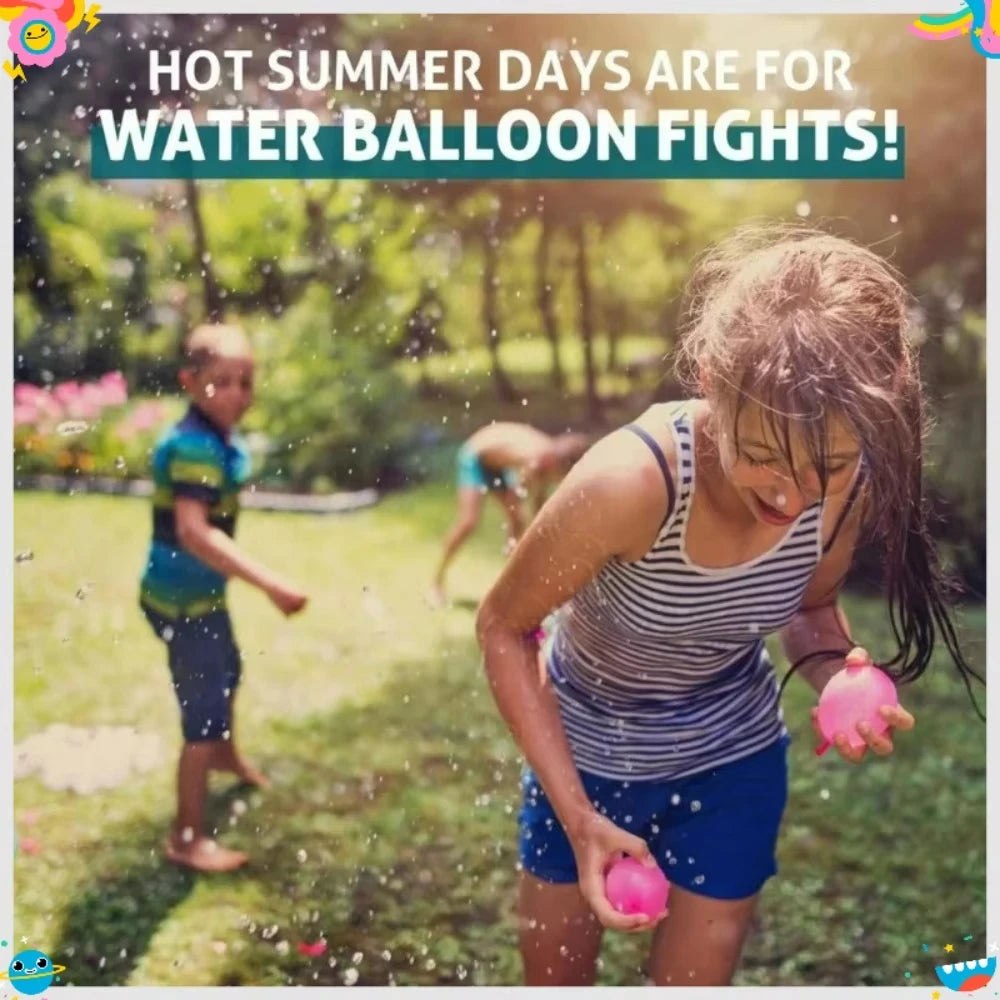 A girl is joyfully playing with pink water balloons outdoors on a sunny day.