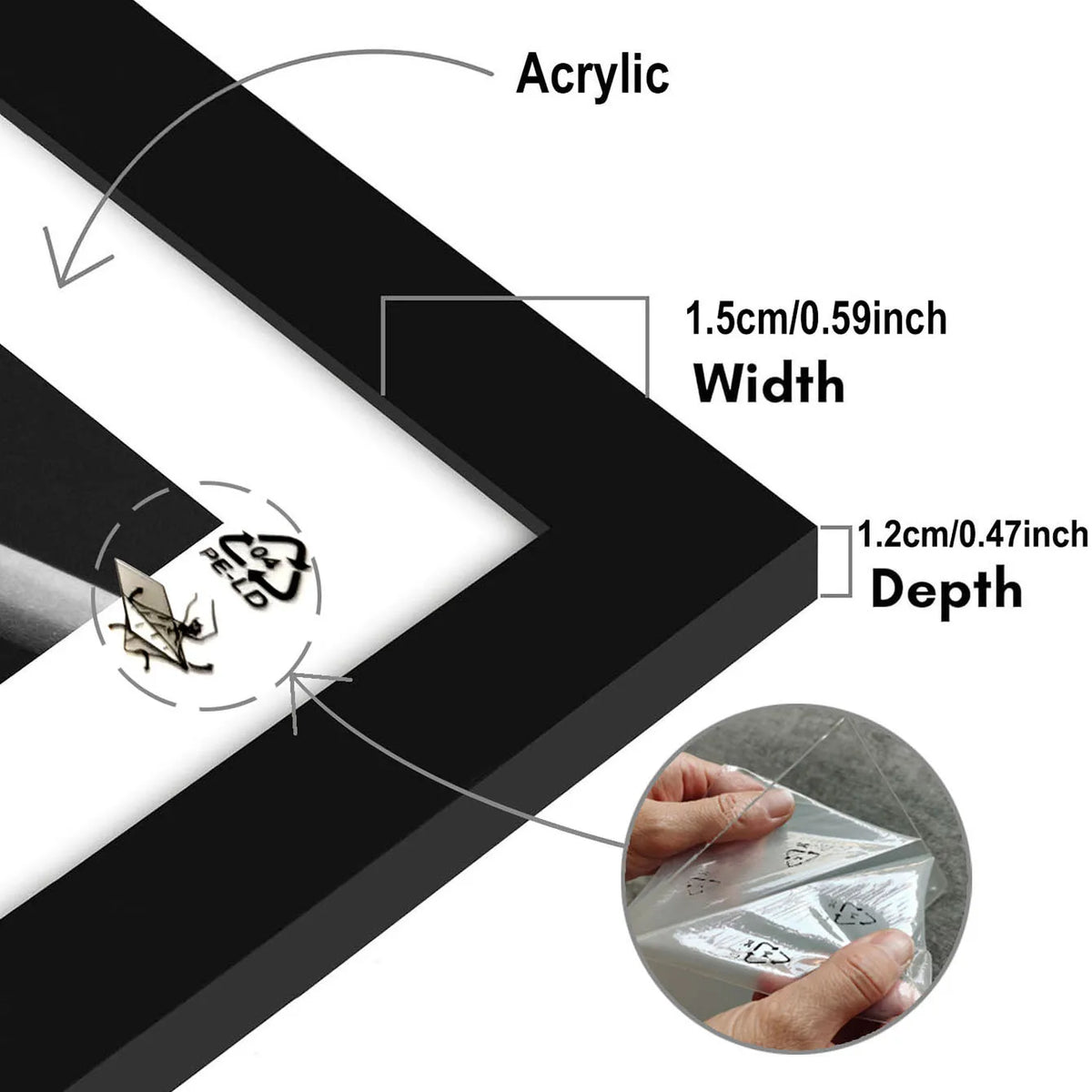 A black acrylic photo frame with a white print, showing its width and depth dimensions.