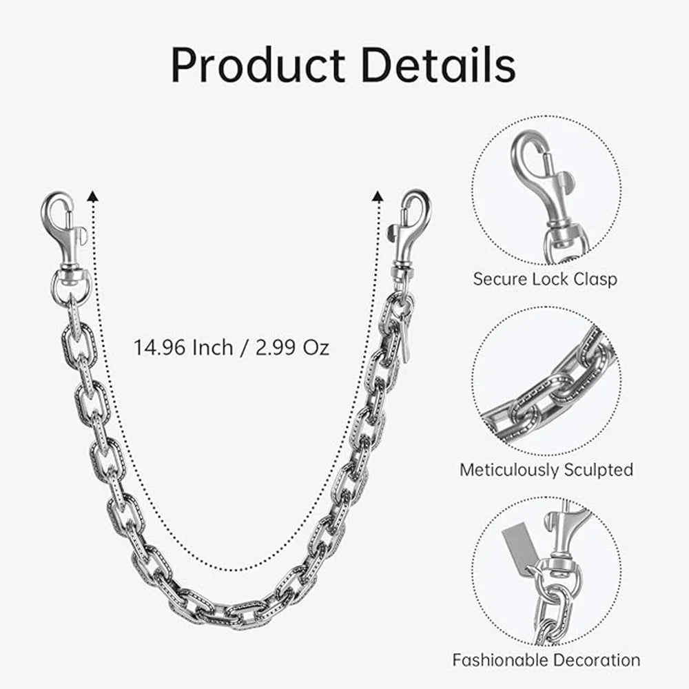 Product details showing a silver paperclip chain bag strap with secure lock clasps and a decorative metal clasp.