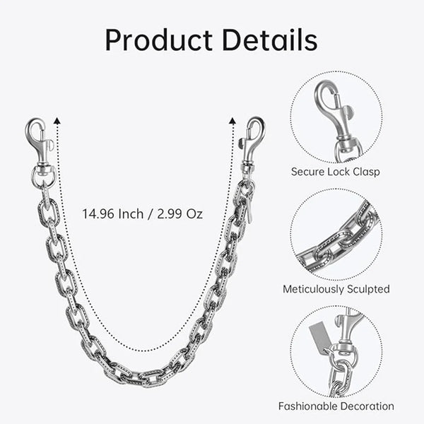 Product details showing a silver paperclip chain bag strap with secure lock clasps and a decorative metal clasp.