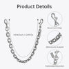 Product details showing a silver paperclip chain bag strap with secure lock clasps and a decorative metal clasp.