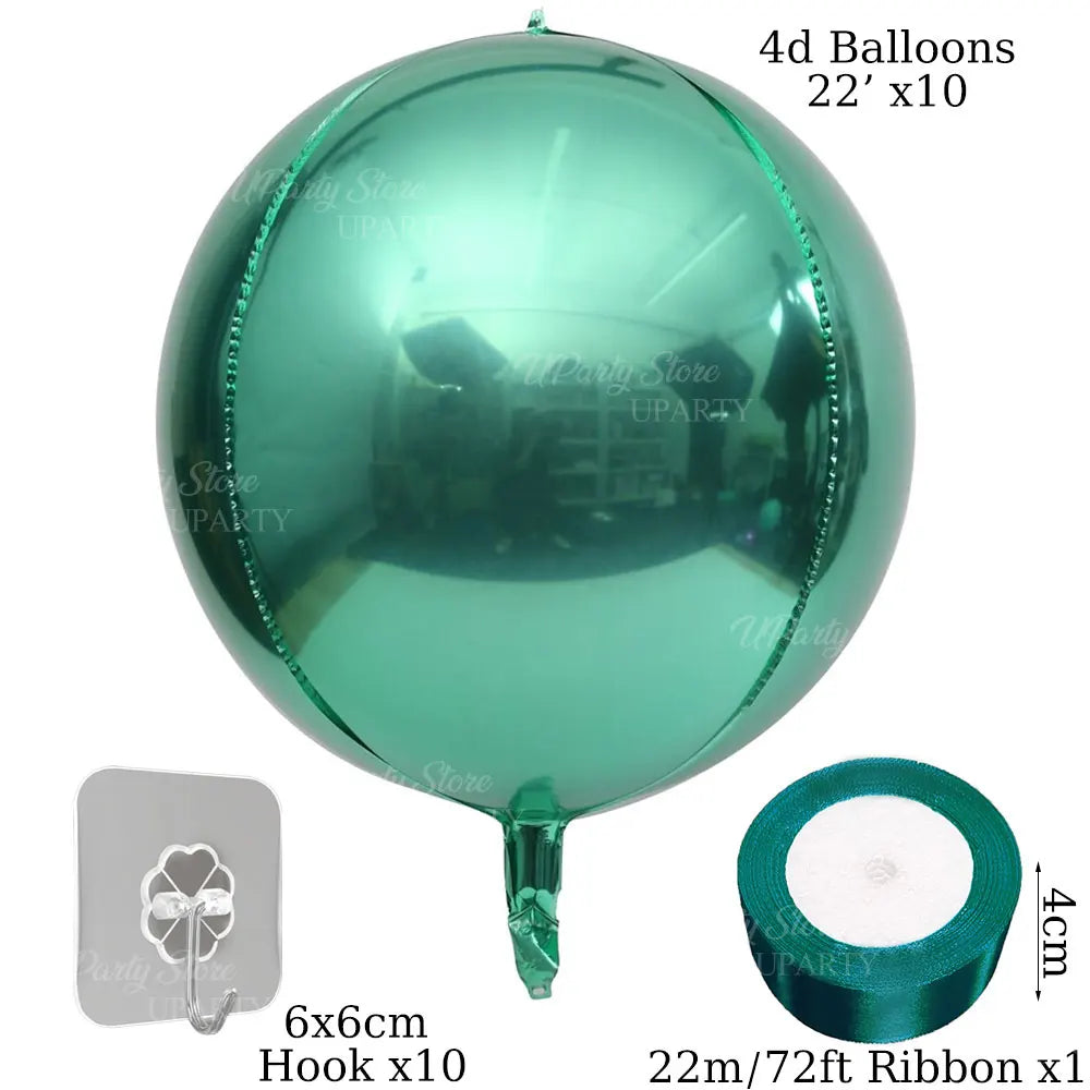 A green 4D balloon is shown with a hook and ribbon for decoration.