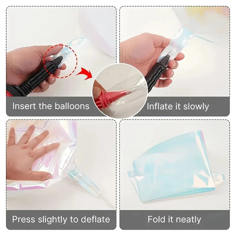 Instructions showing how to insert, inflate, deflate, and fold 10-inch aluminum foil party balloons