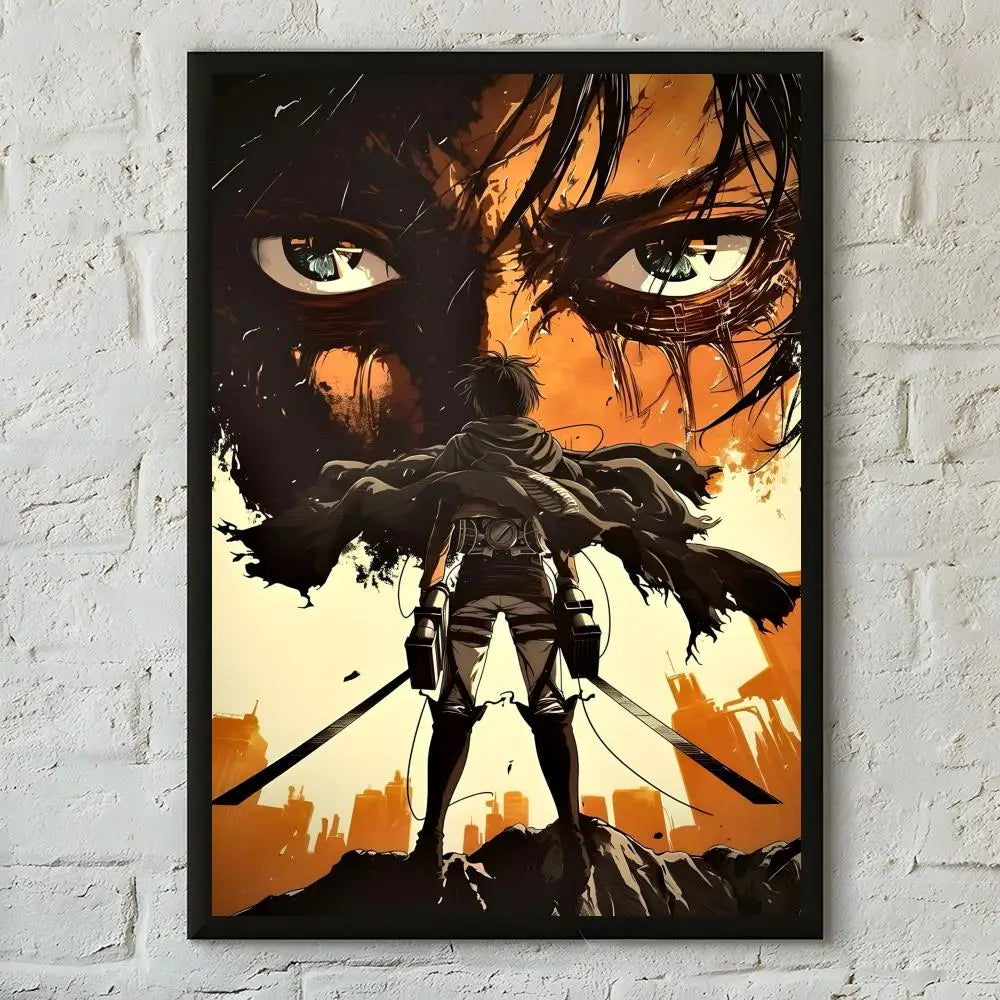 A dramatic poster featuring a dark silhouette of a figure standing against an orange sunset background with intense eyes.