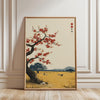 Frameless Japanese tree art canvas print featuring a ginkgo-like tree with vibrant red leaves against a pale background.