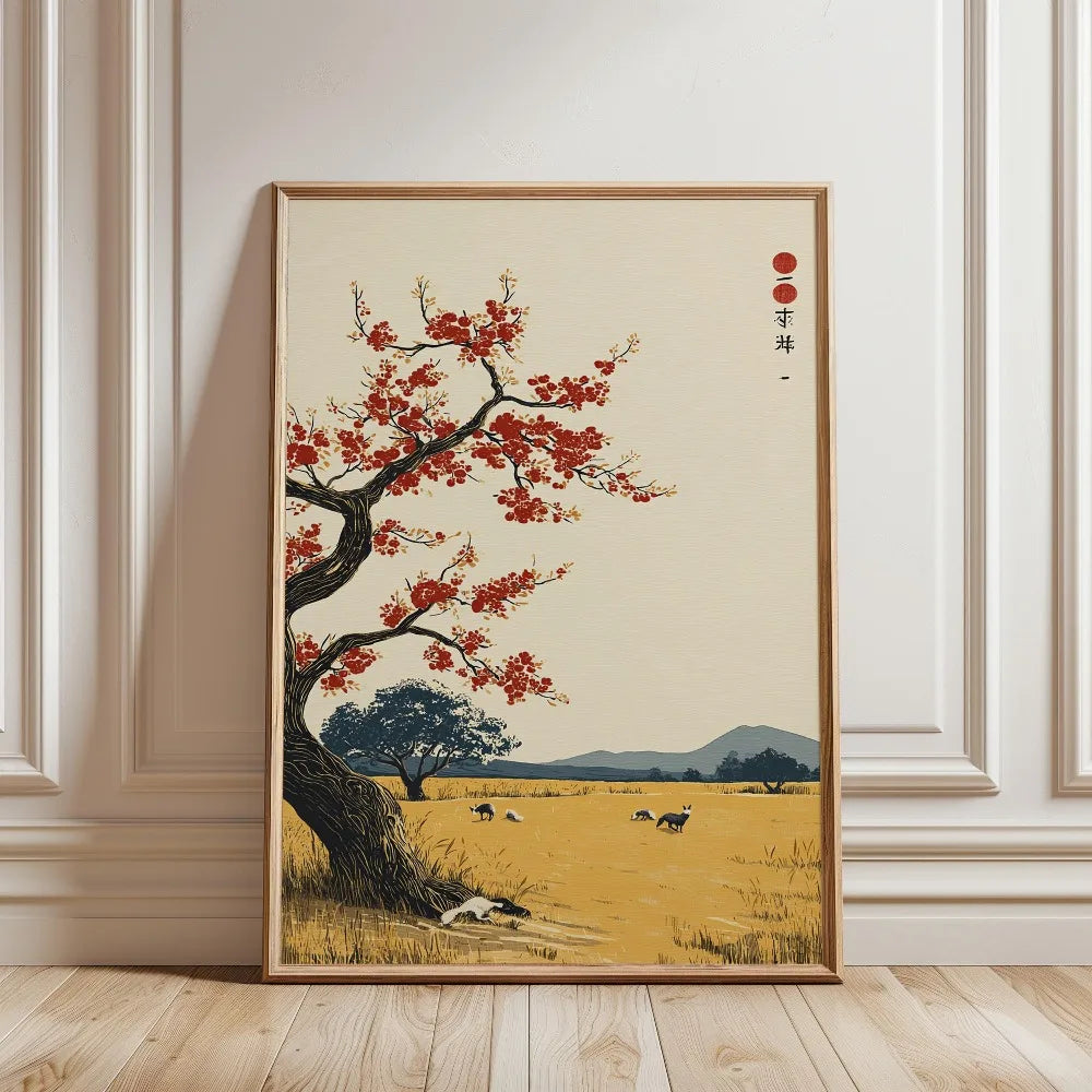 Frameless Japanese tree art canvas print featuring a ginkgo-like tree with vibrant red leaves against a pale background.