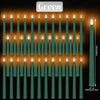 A row of green taper candles with flickering flame effects arranged in a grid.