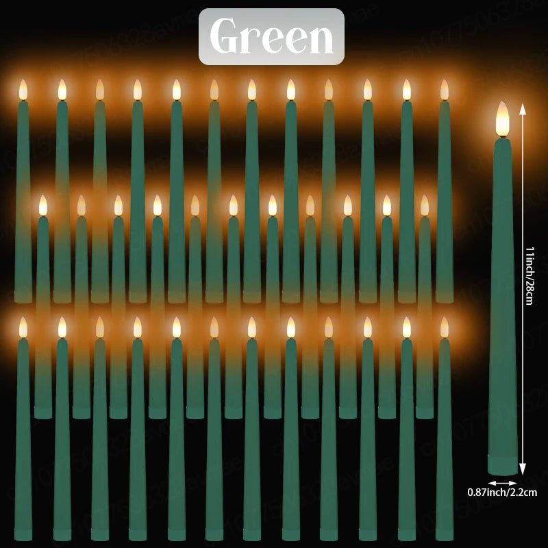 A row of green taper candles with flickering flame effects arranged in a grid.