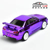 A diecast model of a Nissan GTR R34 in a vibrant purple color.