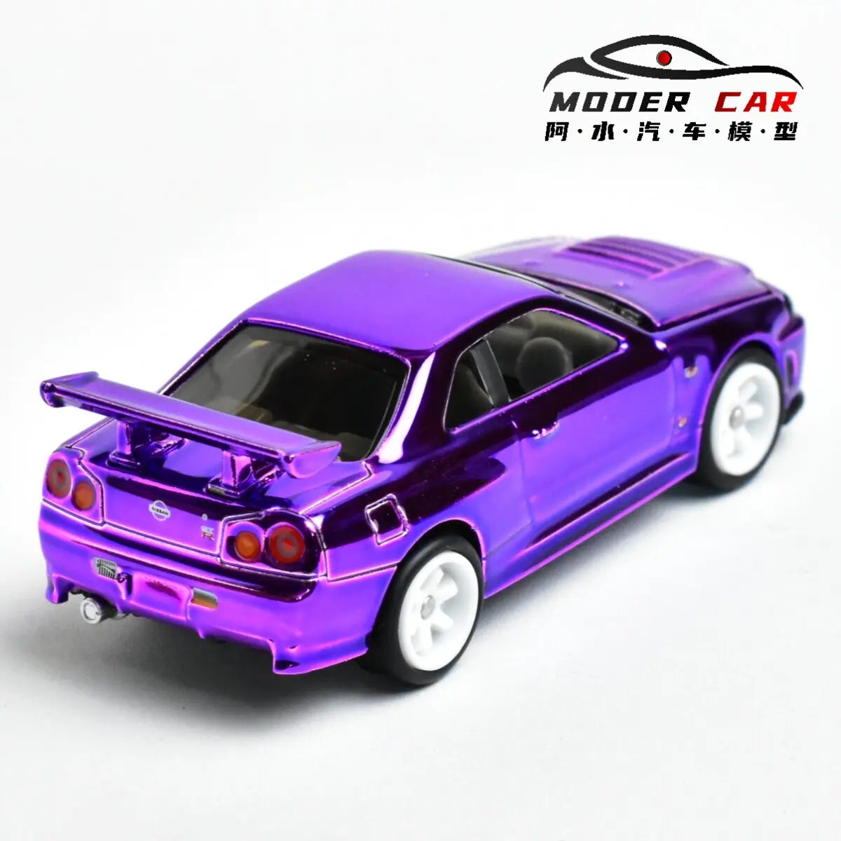 A diecast model of a Nissan GTR R34 in a vibrant purple color.