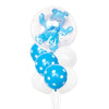 A clear foil balloon shaped like a blue bear with a star, surrounded by blue polka dot balloons.