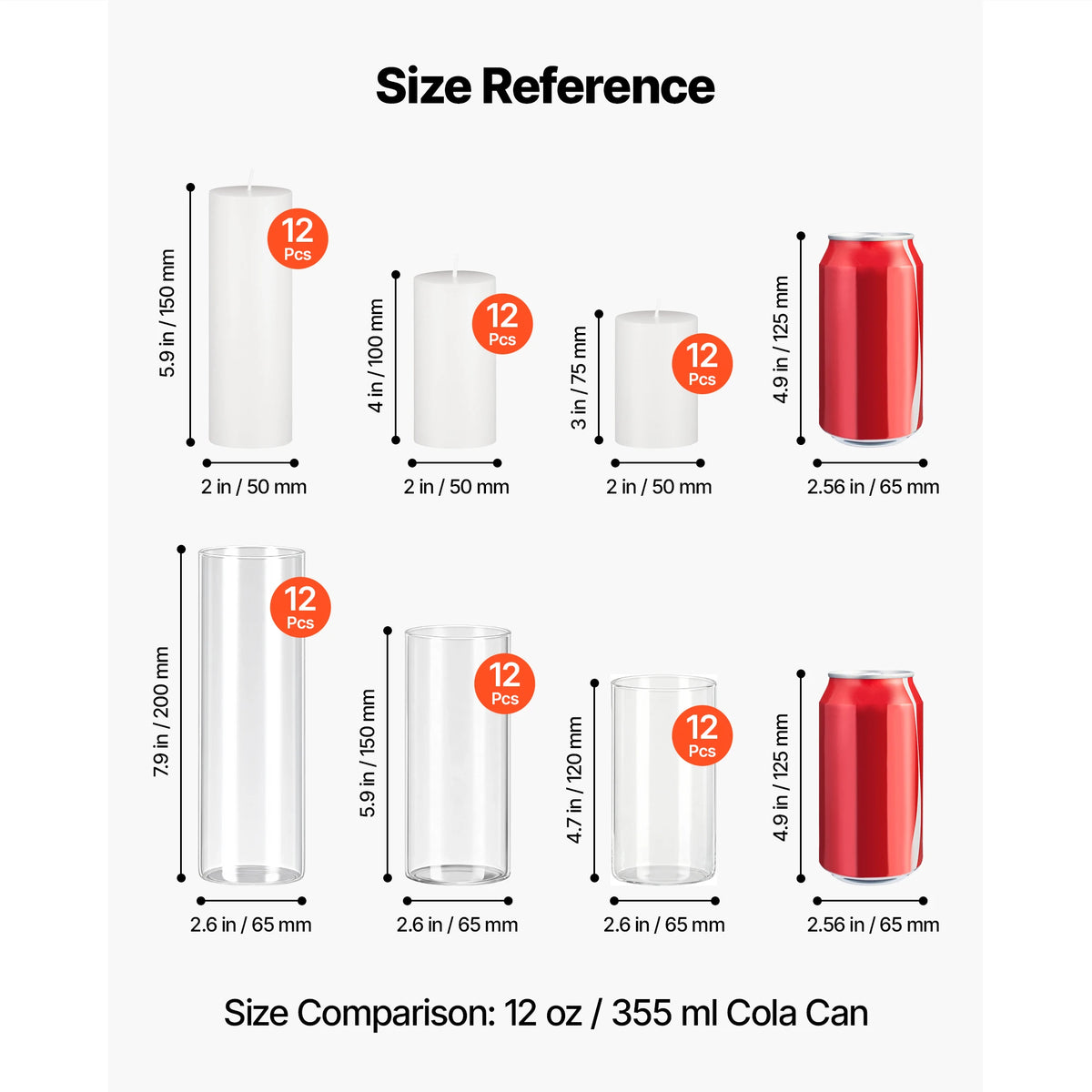 A reference image showing various sizes of glass cylinders, including 5.9 in and 4.9 in diameters, for comparison.