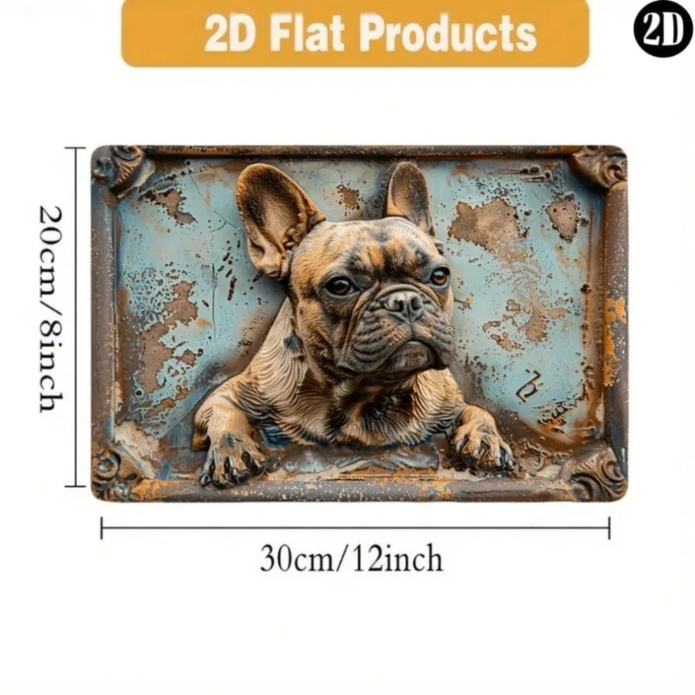 A rectangular metal wall sign featuring a detailed portrait of a French Bulldog in a distressed, vintage finish.