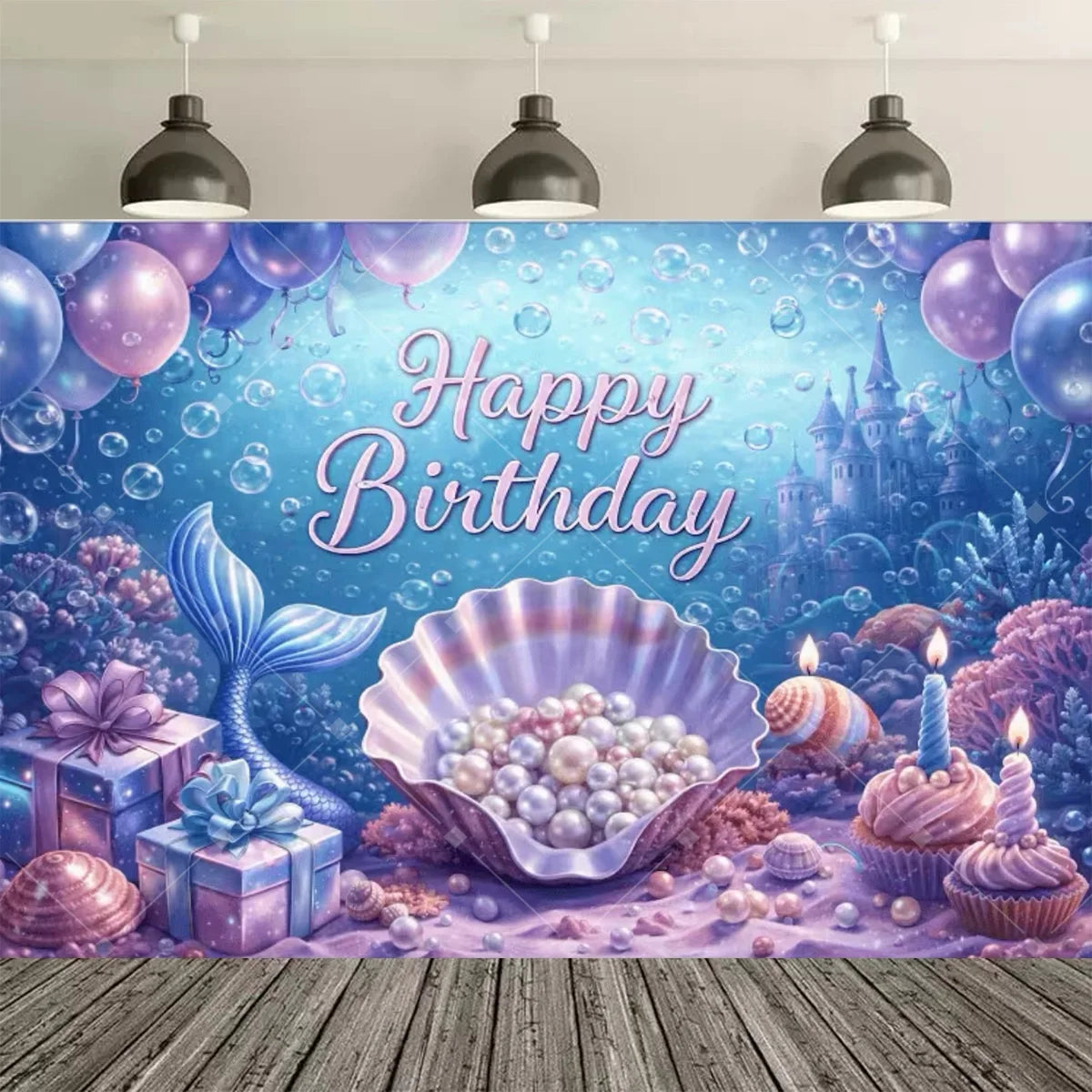 A vibrant birthday backdrop featuring a mermaid tail, balloons, and purple and blue glittery elements.