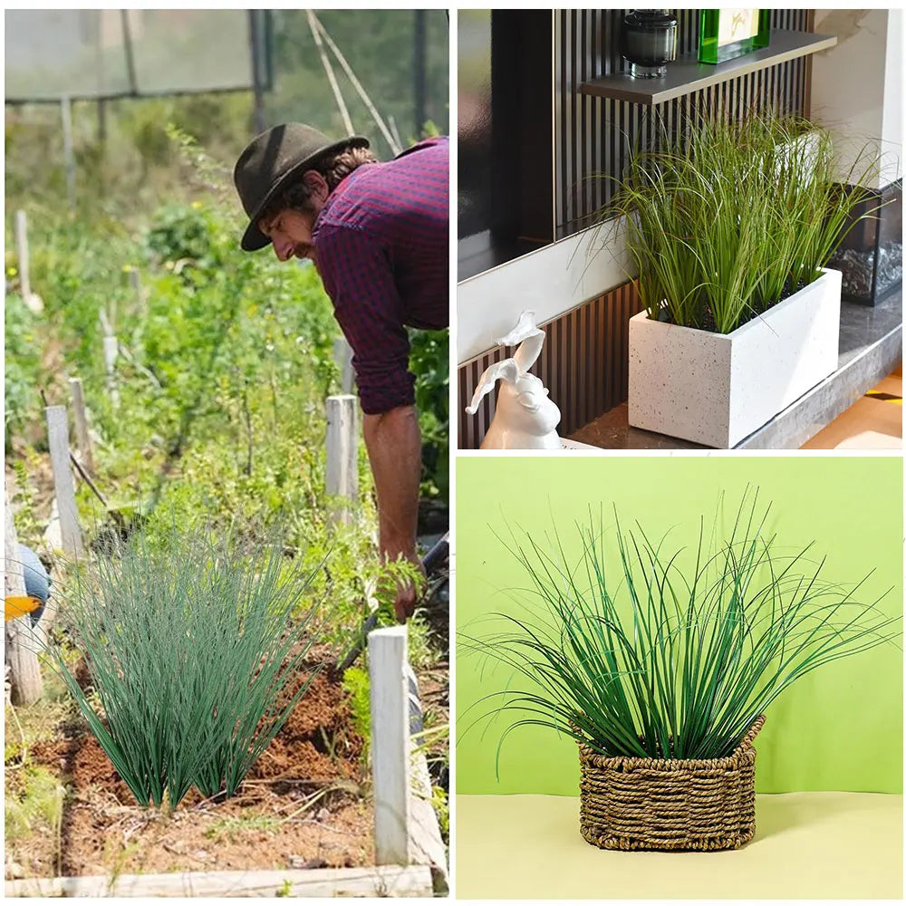 A bundle of artificial grass greenery in a woven basket set against a bright green background.