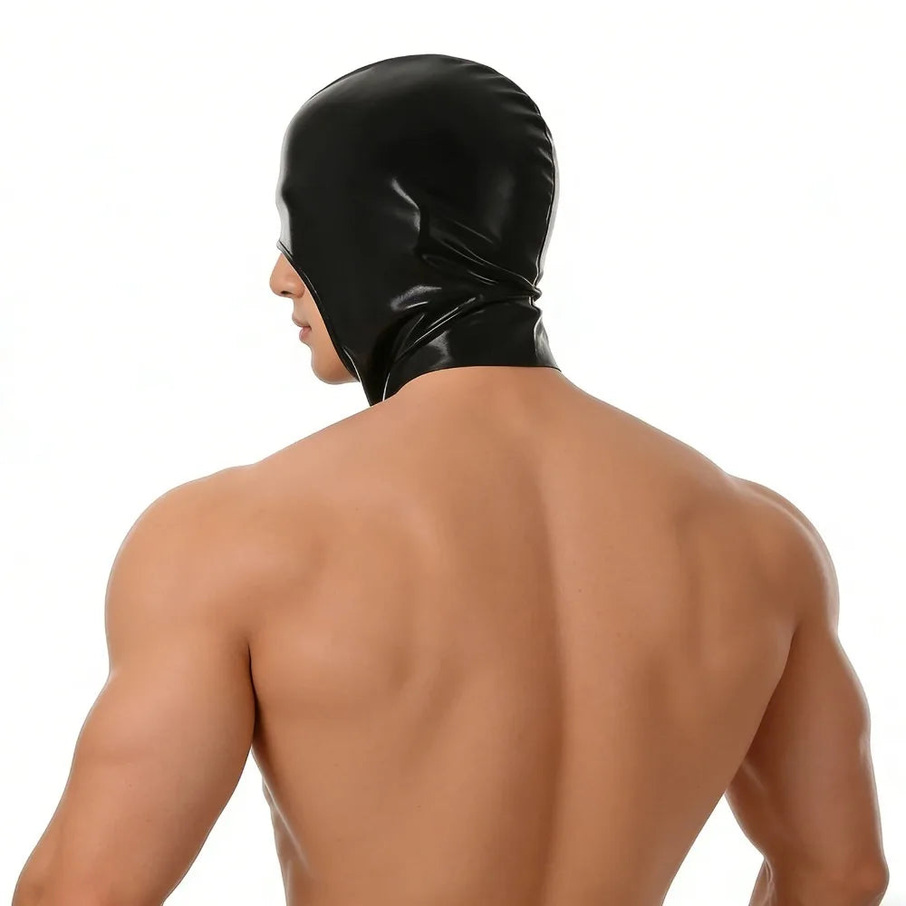 A black faux leather hood mask is shown on a person's head and neck, viewed from the back.