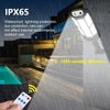 An outdoor security light with an IPX65 rating is shown illuminating a pathway and a motion sensor device.