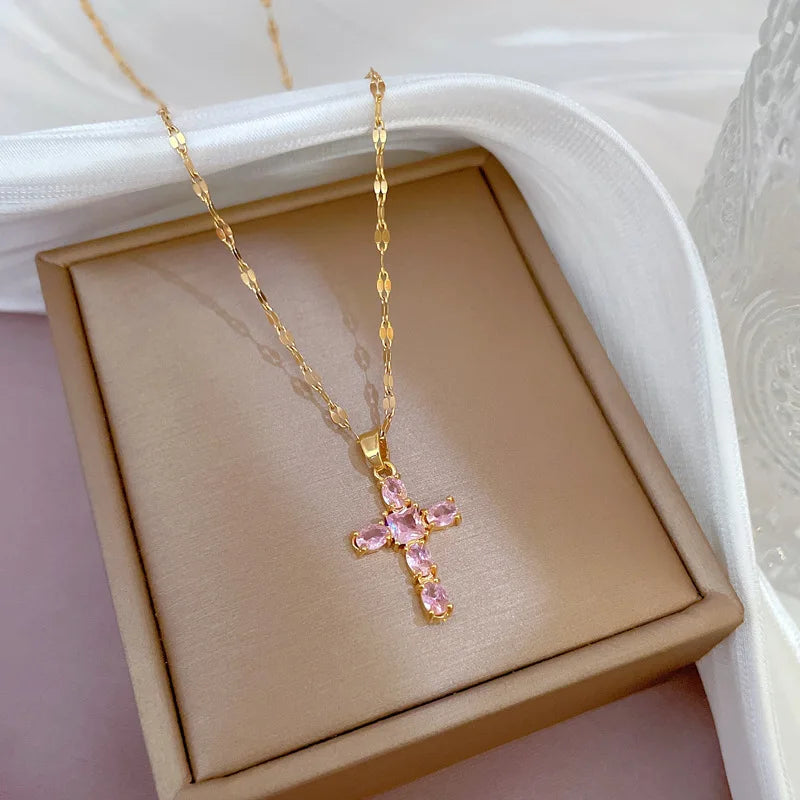 Gold Stainless Steel Crystal Cross Pendant Necklace