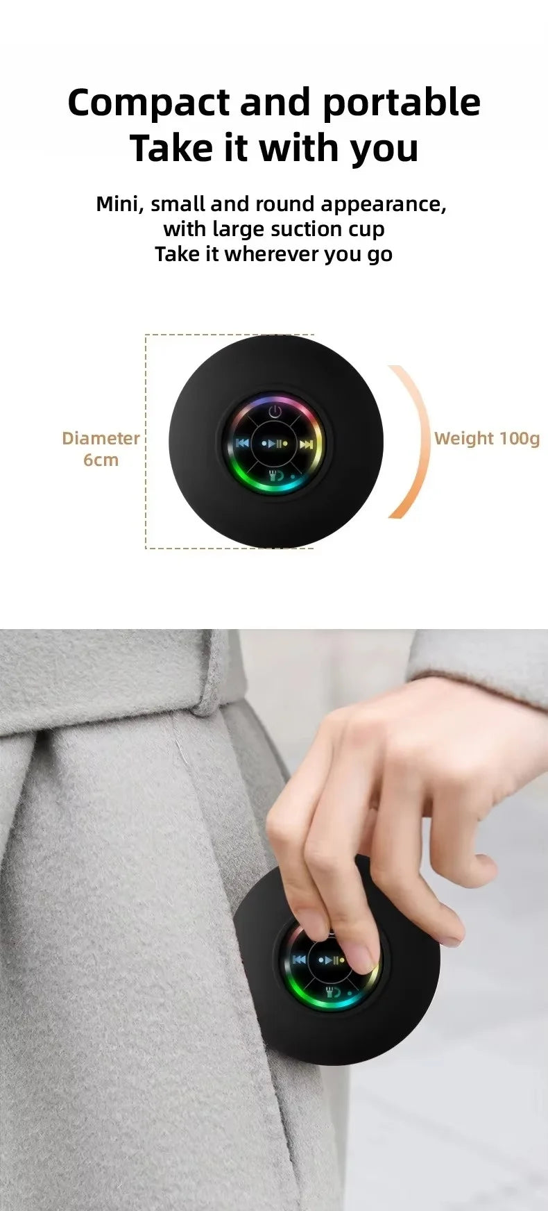 A hand is using a compact, round suction cup device on a coat sleeve.