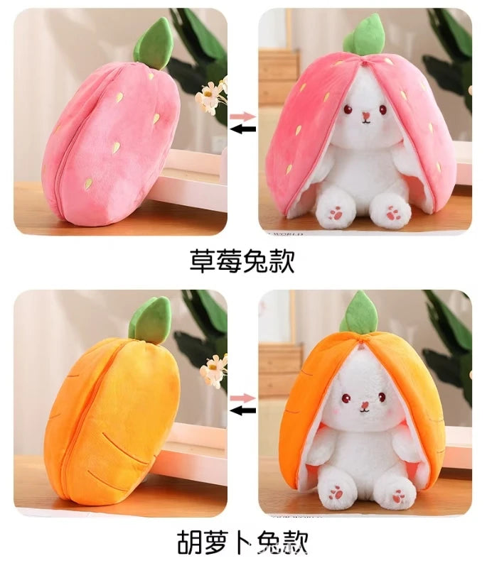 Two plush pillows: one pink strawberry and one orange pumpkin, both featuring a white bunny face.