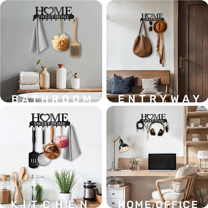 A collection of metal kitchen tools and utensils hanging on a wall display in a bathroom, entryway, and kitchen.