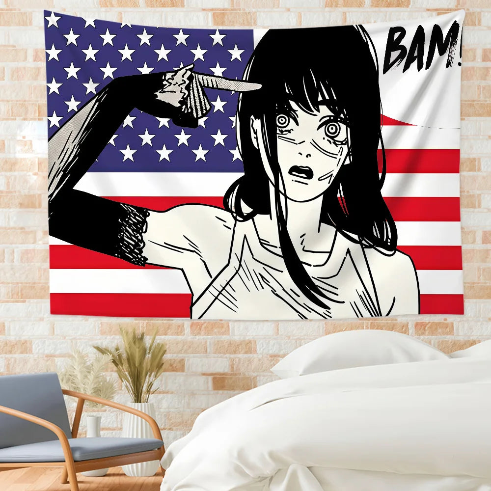 Anime tapestry featuring a female character pointing with a chainsaw blade against an American flag background