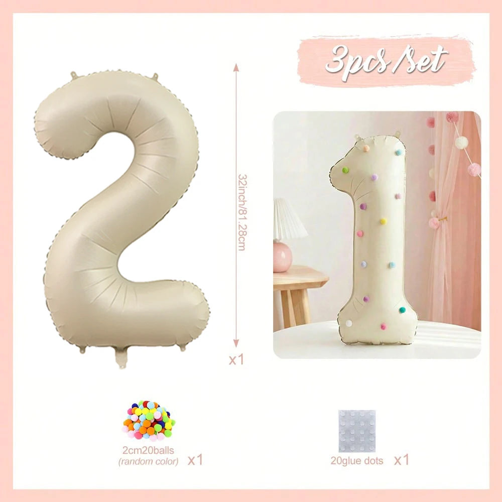 A set of three 32 inch milky white aluminum foil number balloons, including a '2', a '1', and 20 glue dots.