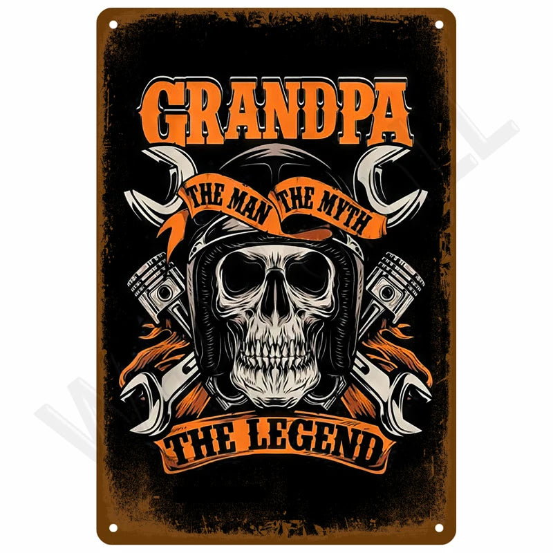 Vintage-Metallwandschild mit Schädel und gekreuzten Werkzeugen, Text: Grandpa The Man The Myth The Legend in Orange