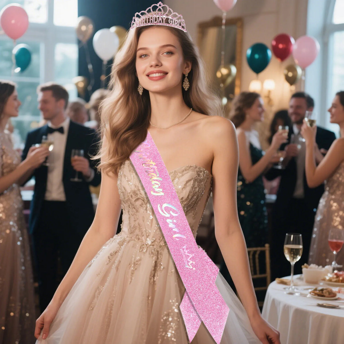 A young woman wearing a sparkling gown and a pink birthday crown and sash, surrounded by guests at an event.