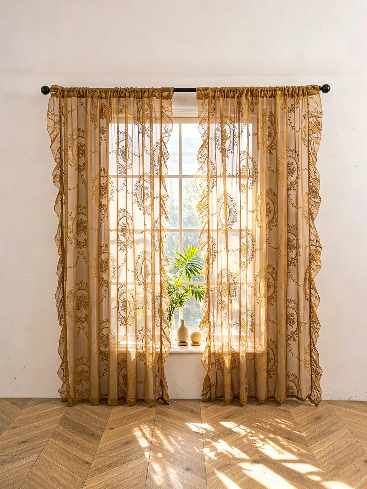 Vintage Golden Floral Lace Sheer Curtains with Ruffled Edge
