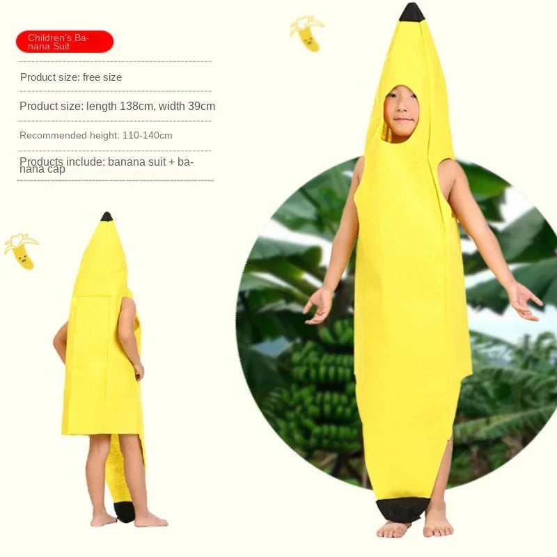 A child wearing a yellow banana costume with a hood and face paint, standing in front of green foliage.