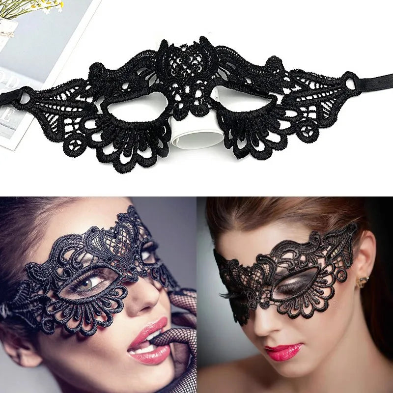 Black lace floral eye mask for masquerade and cosplay worn by a woman.