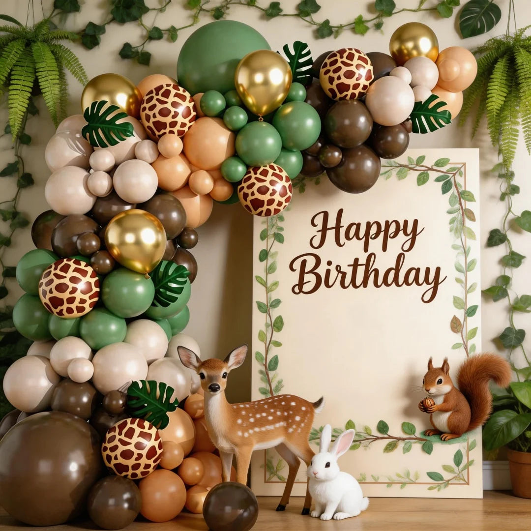 A balloon garland featuring safari and jungle prints in shades of green, gold, brown, and beige.