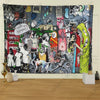 A tapestry featuring street graffiti art inspired by Banksy, depicting various figures and scenes on a dark background.