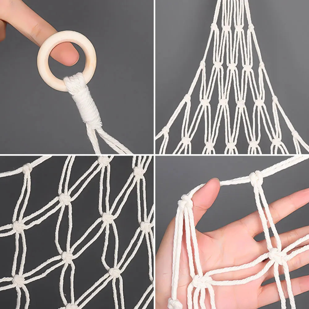 Close-up view of a white multi-use storage hammock for toys and plushies showing various ways to tie and use the netting