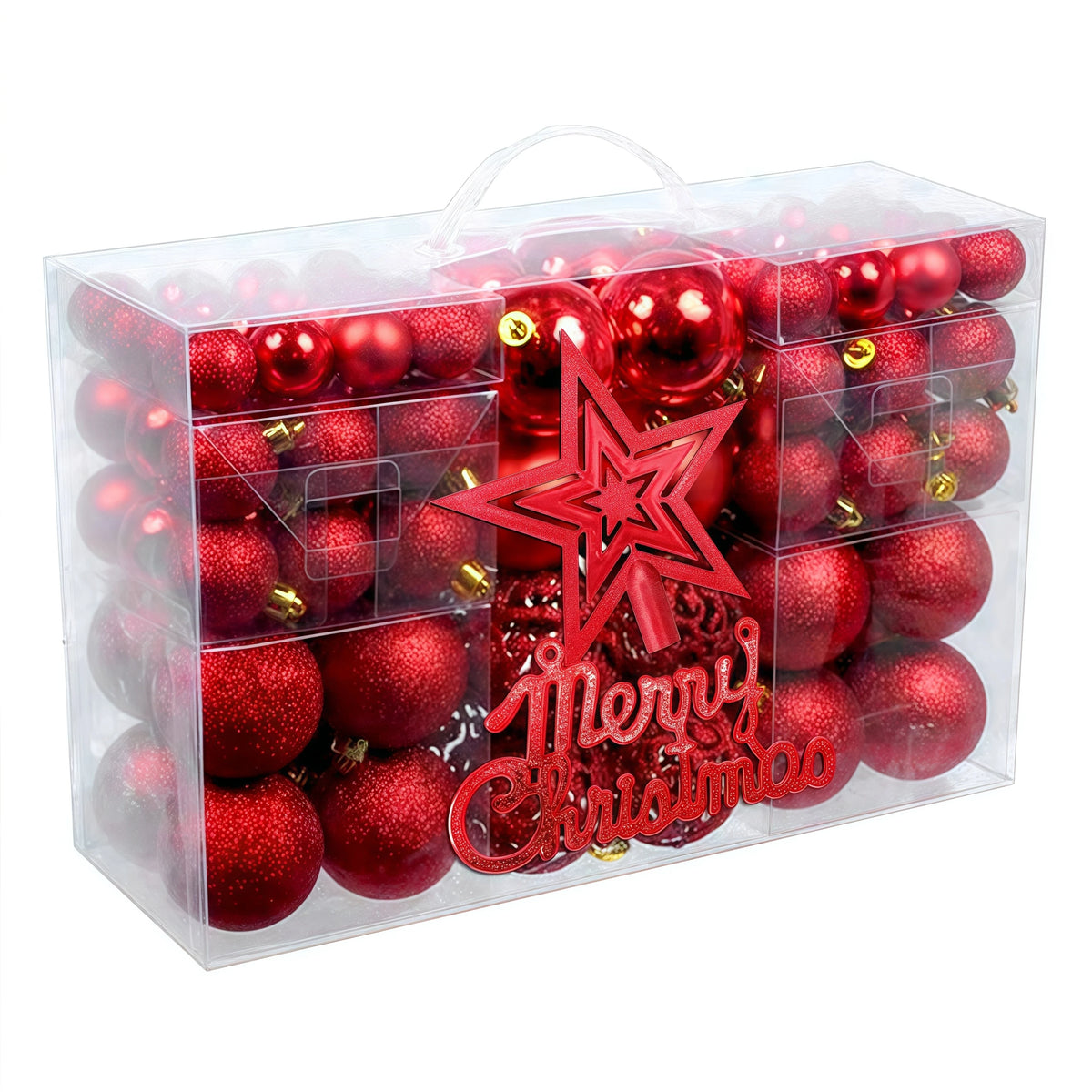 A clear plastic box filled with 102 red Christmas ornaments and a star tree topper.