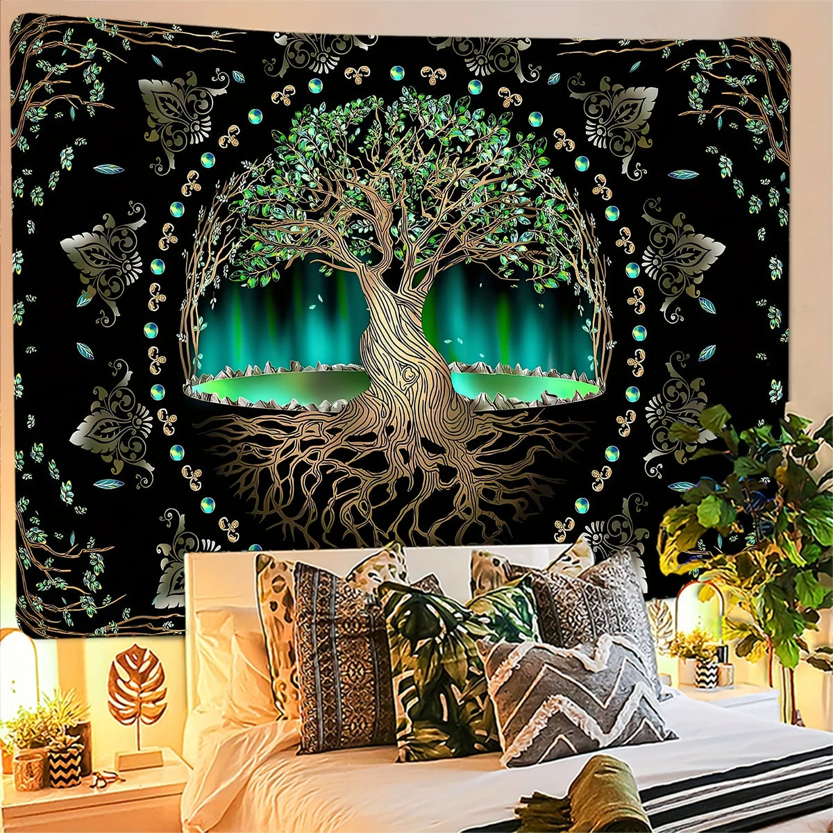 A dark tapestry featuring a large tree silhouette with glowing green leaves and sparkling blue accents against a black backgr