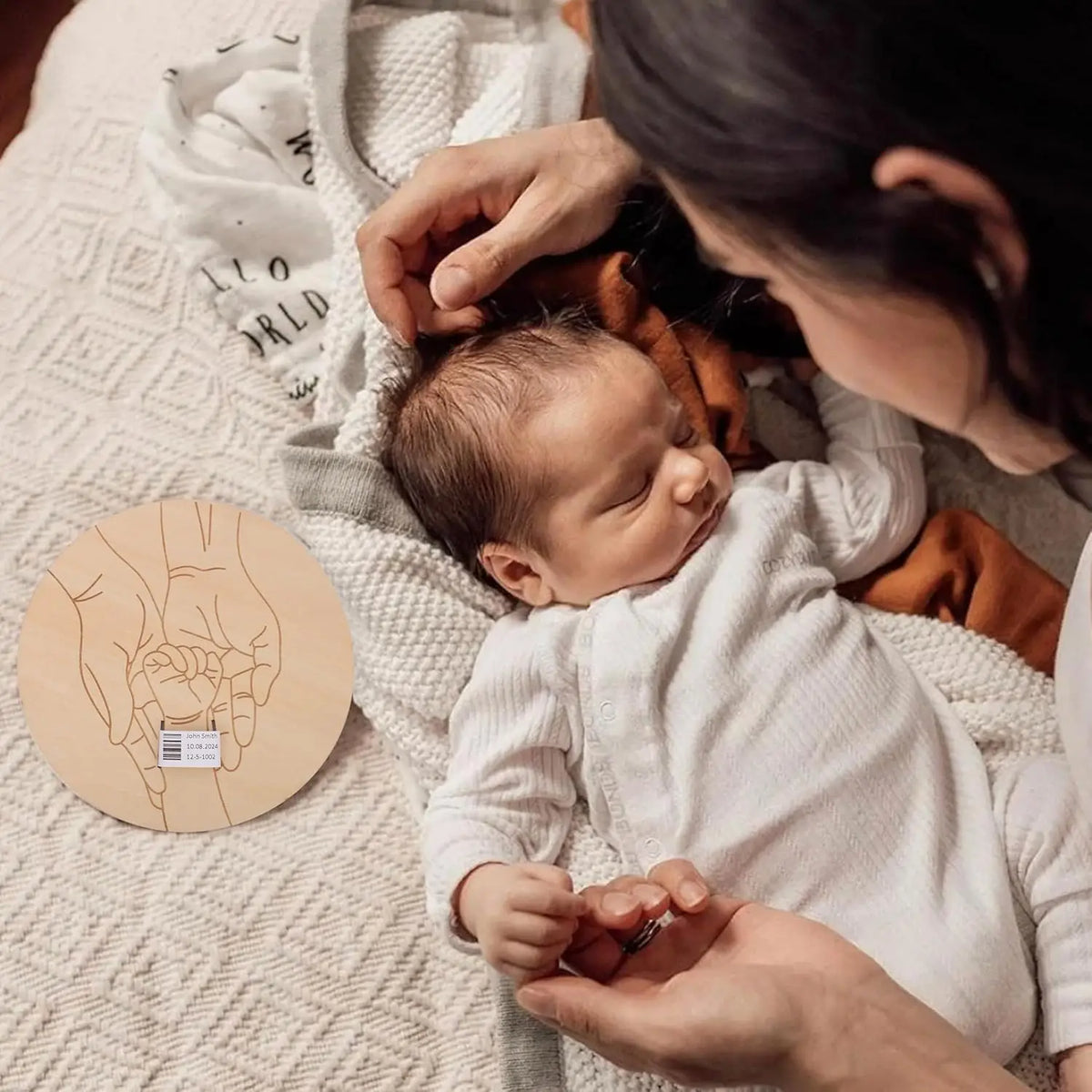 A baby is resting on a white knitted blanket, being held by an adult, with a wooden handprint keepsake sign nearby.