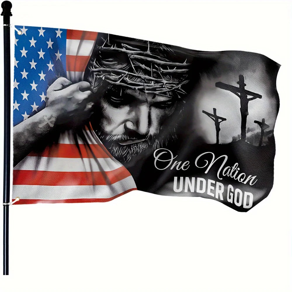 A black banner flag features a depiction of Jesus and a hand holding an American flag.