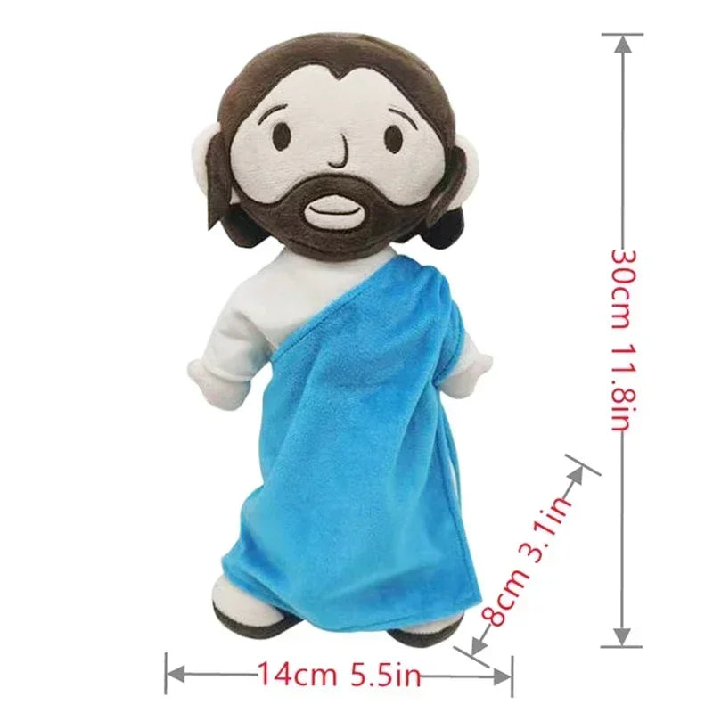 A plush doll depicting Jesus and the Virgin Mary with dark hair, beards, and blue robes.